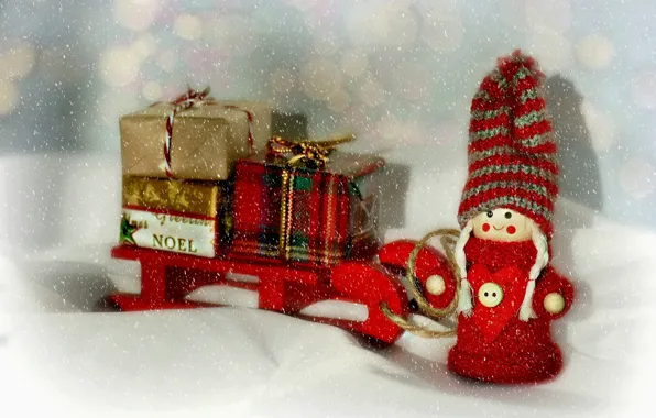 Snow, Christmas, girl, gifts, New year, sleigh, doll