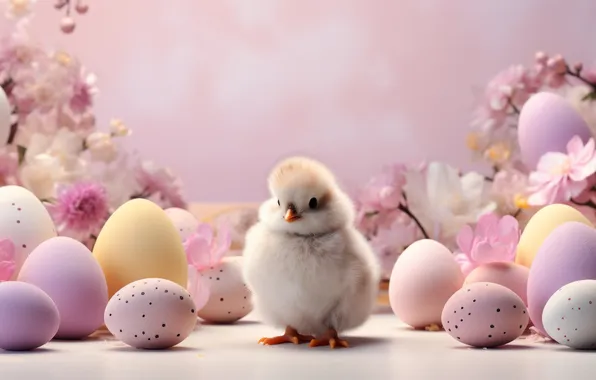Flowers, holiday, eggs, spring, yellow, Easter, pink, bird