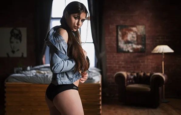 Look, girl, pose, room, hair, panties, dzhinsovka, Sergey Fat
