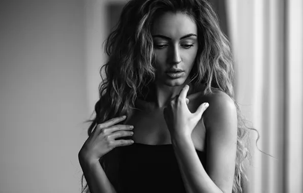 Girl, face, pose, hair, black and white, Sergey Vostrikov