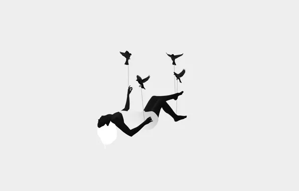 Girl, Birds, Art, Black, Grey, Illustration, Minimalism, Tomasz Wagner