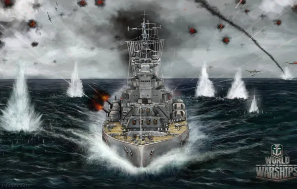 Picture sea, ship, explosions, battle, art, aircraft, the battle, World Of Warship