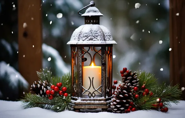 Winter, snow, decoration, night, New Year, Christmas, lantern, light