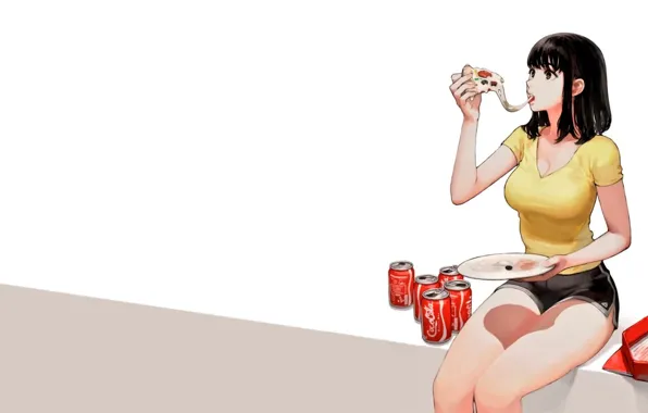 Girl, food, minimalism, anime, brunette, white background, girl, pizza
