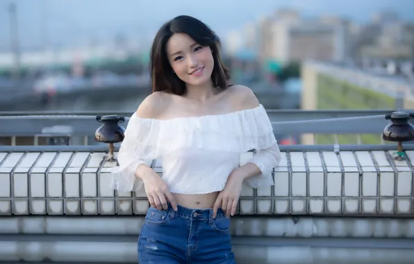 Asian, model, women, jeans, brunette, smiling, depth of field, bare shoulders