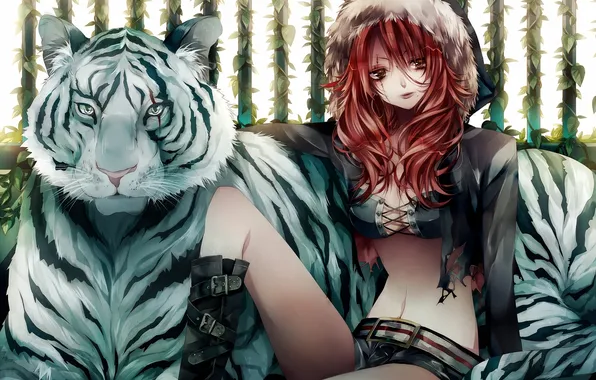 Picture girl, tiger, anime, friends