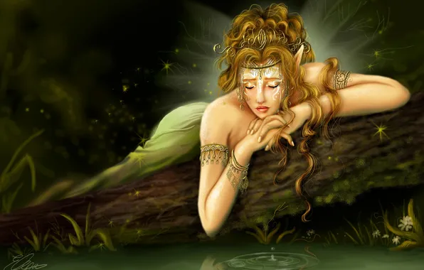 Picture sadness, water, girl, fairy, log, tear
