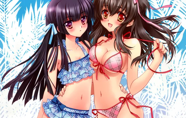 Swimsuit, hair, two girls, bow, ribbon