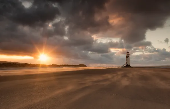 Beach, the sun, landscape, the ocean, lighthouse, North Wales