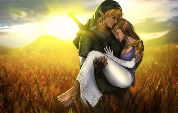 Wheat, field, girl, sunset, elf, pair, guy, The Legend of Zelda