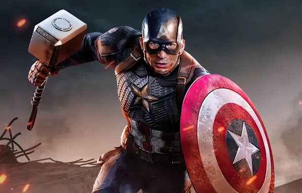 Picture hammer, hero, costume, shield, Marvel, Captain America, Chris Evans