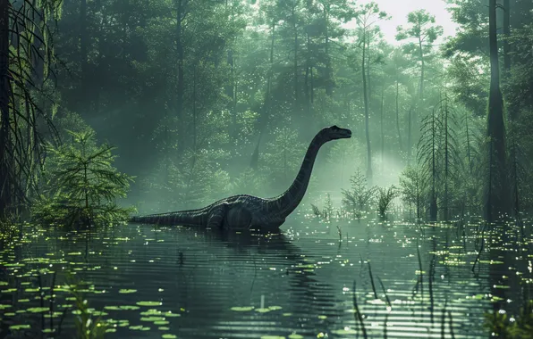 Water, Lake, Trees, Dinosaur, Neck, Animal, Digital art, Ancient animals