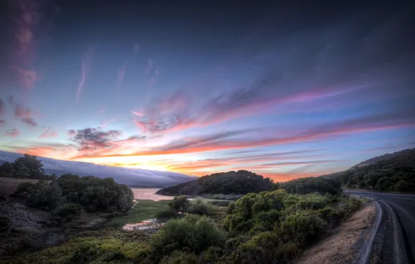 Road, landscape, sunset