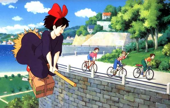 Water, children, home, bikes, Kiki, Tombo Kopoli, Majo no Takkyuubin
