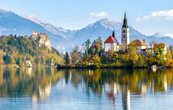 The sky, mountains, lake, castle, shore, panorama, Slovenia, Bled castle