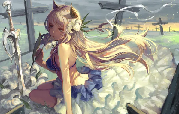 Flower, girl, crosses, Lily, sword, horns, Takahashi