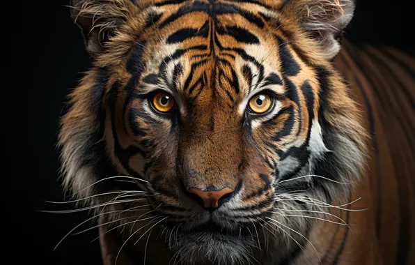 Picture Look, Tiger, Face, Predator, The dark background, Digital art, Big cat, Bengal