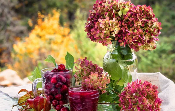 Picture flowers, cherry, hydrangea, jam
