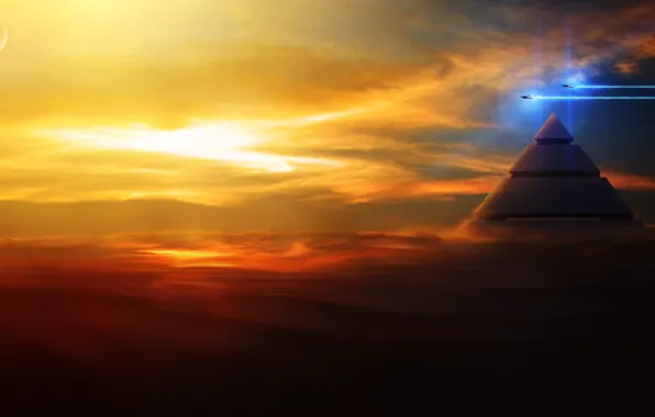 Picture clouds, flight, sunset, ships, art, pyramid, in the sky