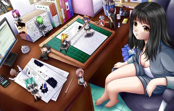 Computer, girl, table, room, chair, art, drawings, manga