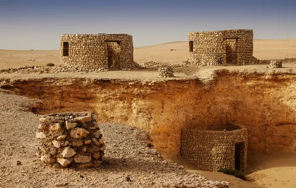 Sand, stones, building, facilities, ruins, Qatar, Zekreet
