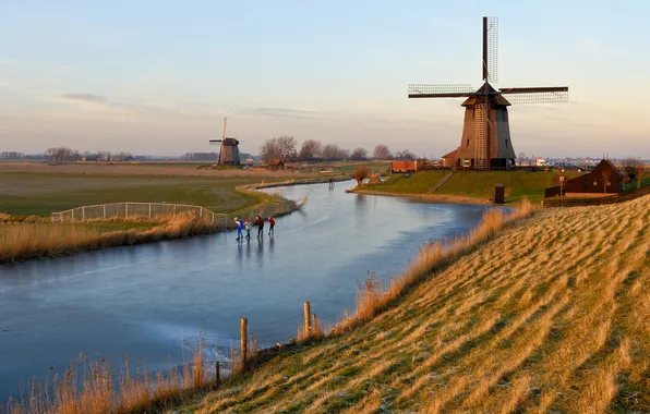 Picture river, ice, mill