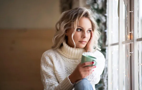 Picture look, girl, jeans, window, blonde, Cup, sweater