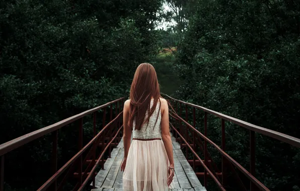 Picture summer, girl, bridge, nature, hair, back, dress
