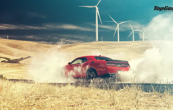Picture Top Gear, Dodge, Challenger, Red, Smoke, Hellcat, SRT, Rear
