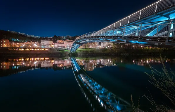 Picture bridge, lights, France, the evening, backlight, Lyon