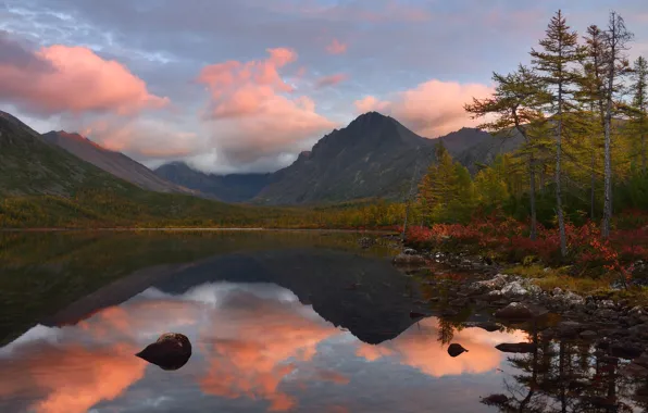 Picture autumn, the sky, trees, mountains, reflection, shore, ate, pond