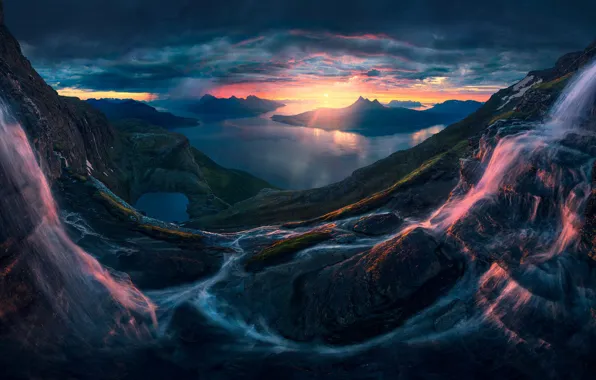 Picture light, sunset, mountains, waterfall, slope