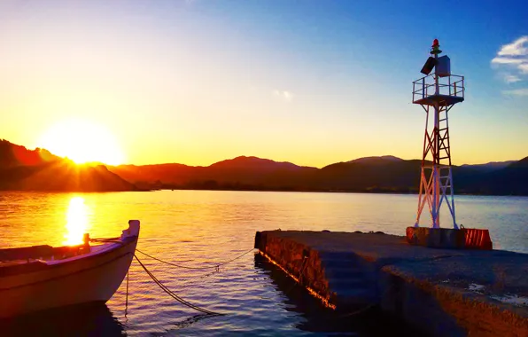 Sea, sunset, lighthouse, fishing boat