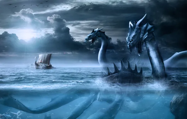 Picture sea, the sky, birds, clouds, dragon, ship, sailboat, monster