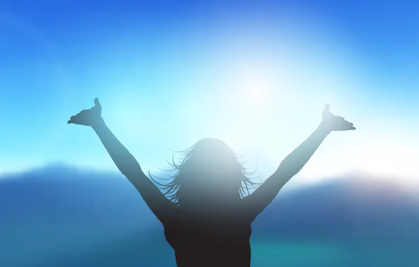 Sunset, The sun, The sky, Girl, Silhouette, Joy, Blurred background, Happy