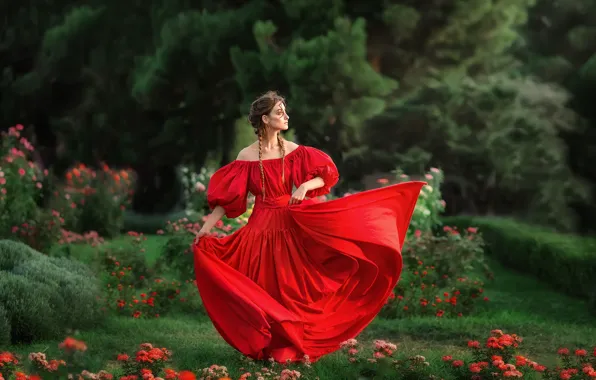 Girl, flowers, pose, mood, garden, red dress, Anastasia Barmina