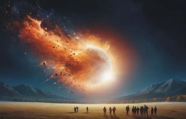 Explosion, ART, Moon, sky, people, fantastic, 2048 year