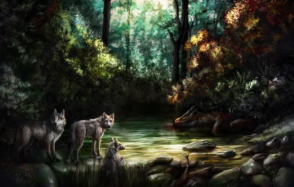 Picture forest, river, dragon, waterfall, art, the corpse, jackals