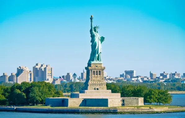 City, New York, skyline, sky, blue, new york city, statue of liberty, Manhattan