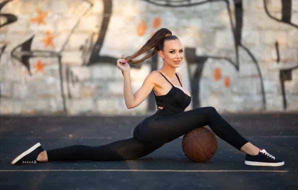 Girl, legs, graffiti, bodysuit, basketball, waist, model, body