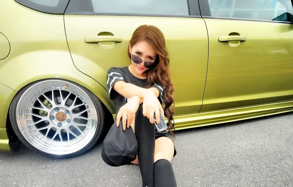 Auto, look, Ford, Girls, glasses, Asian, beautiful girl, posing on the car