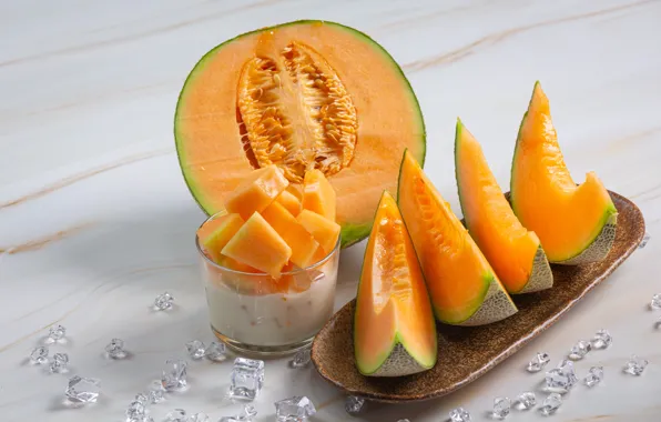 Board, ice, slices, melon