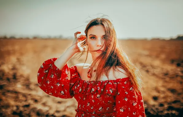 Field, look, beads, red, red dress, shoulders, beautiful girl, Photographer Roosso alex