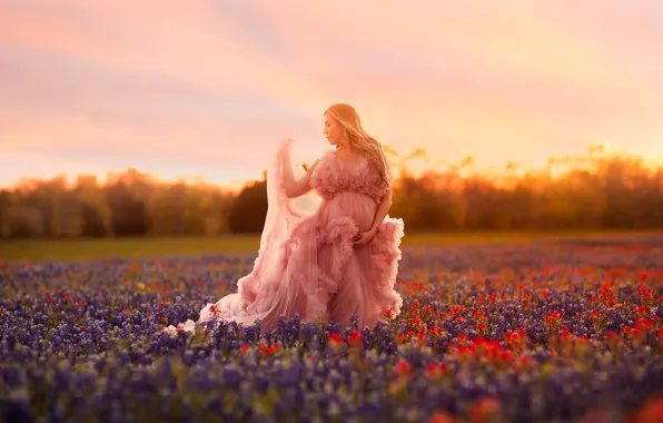 Field, the sky, light, sunset, flowers, mood, woman, dress