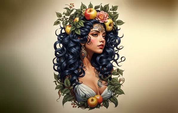 Picture girl, fruit, drawing, portrait