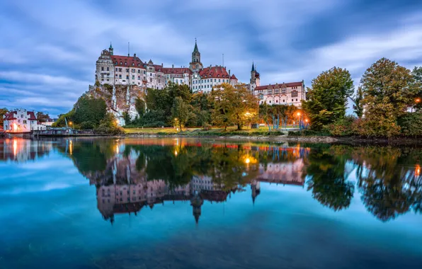 Picture trees, reflection, river, castle, Germany, Germany, Baden-Württemberg, Baden-Württemberg
