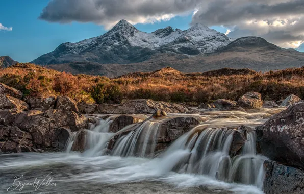 The sky, grass, the sun, clouds, mountains, stream, stones, waterfall