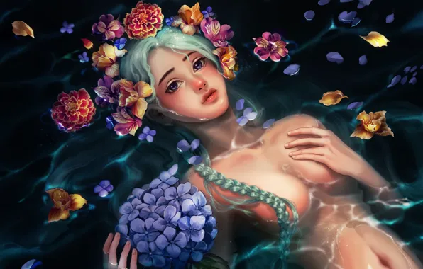 Water, girl, flowers, figure, body, petals, figure, girl