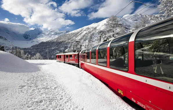 Winter, mountains, train, Switzerland, Alps, electric, beauty.