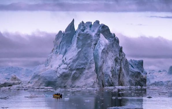 Winter, snow, people, boat, iceberg, floe, pond